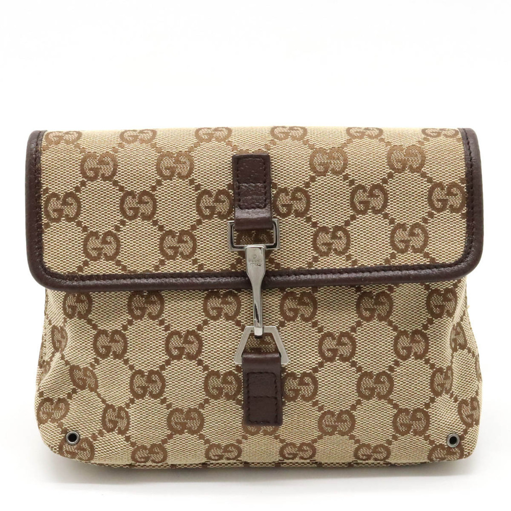 Gucci GG Canvas Body Belt Bag Waist Leather Beige Cream Dark Brown
